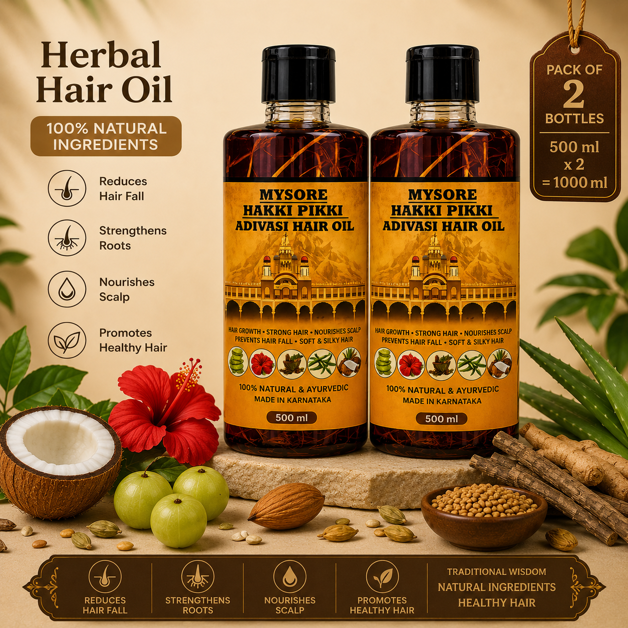 1000ML Mysore Hakki Pikki Hair Oil  - 8 Month Full Course Package