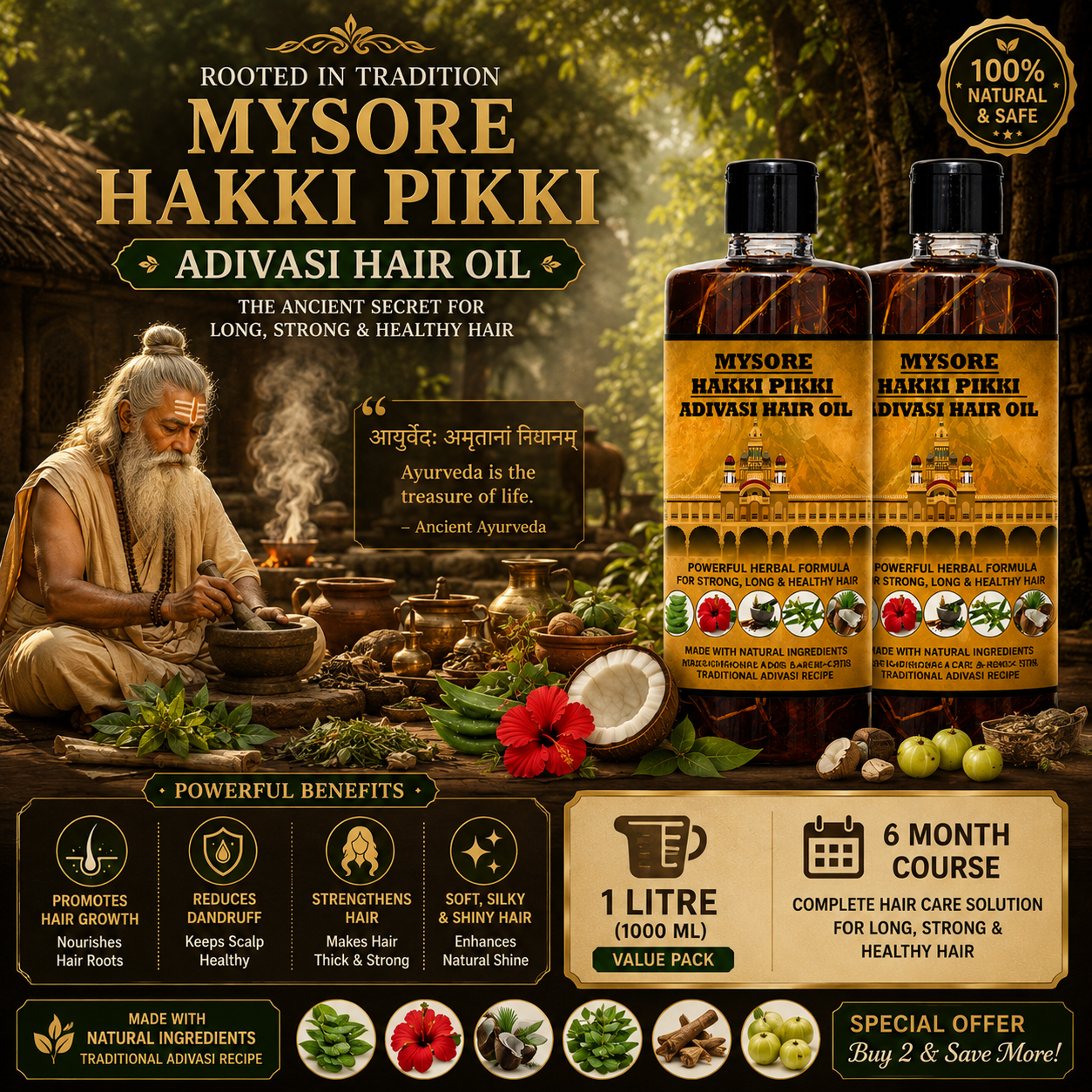 1000ML Mysore Hakki Pikki Hair Oil  - 8 Month Full Course Package