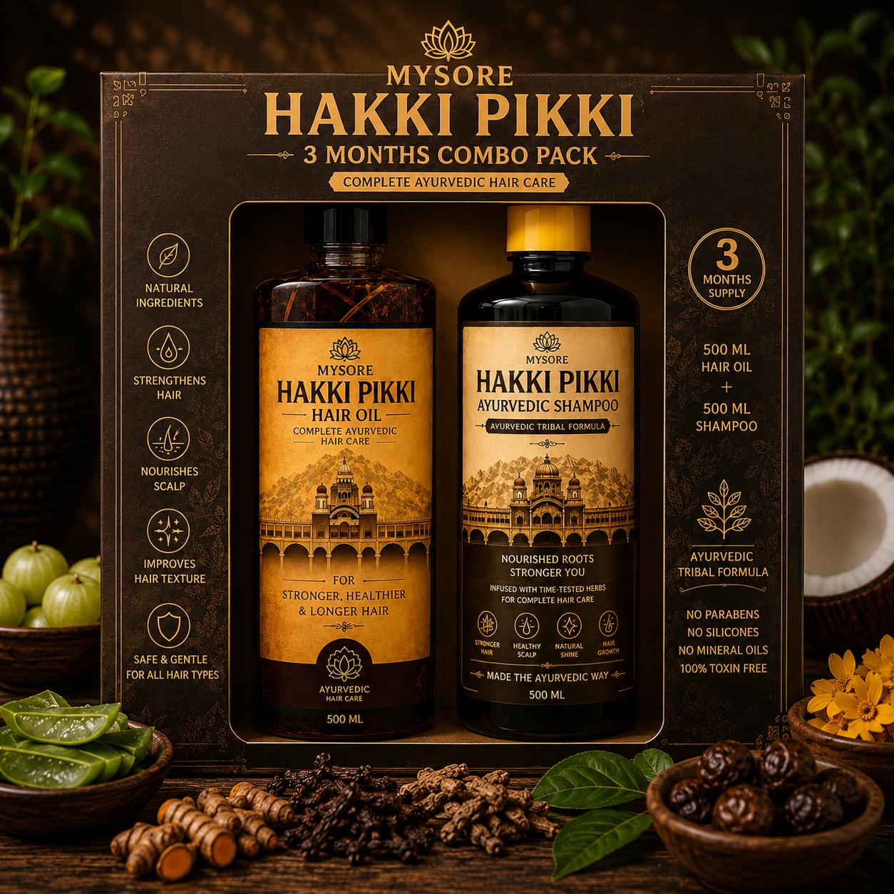 500ML Mysore Hakki Pikki Hair Oil + 500ML Mysore Hakki Pikki Shampoo Package